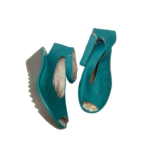 Fly London Women SZ 40 Turquoise Leather Ankle Strap Wedge Sandals Peep Toe - Picture 1 of 14